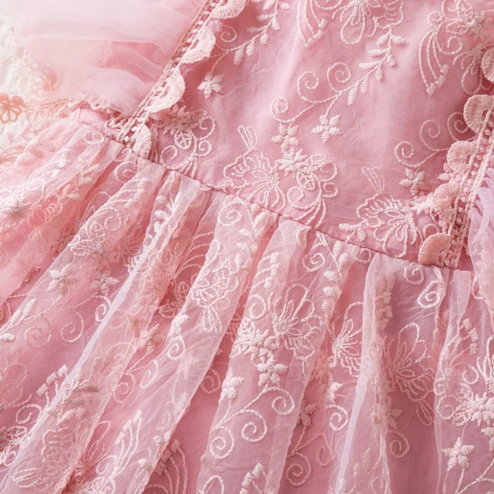 Elegant Girls Lace Tulle Fairy Floral Embroidered Ruffle‎ Trim Rear Zipper Dress